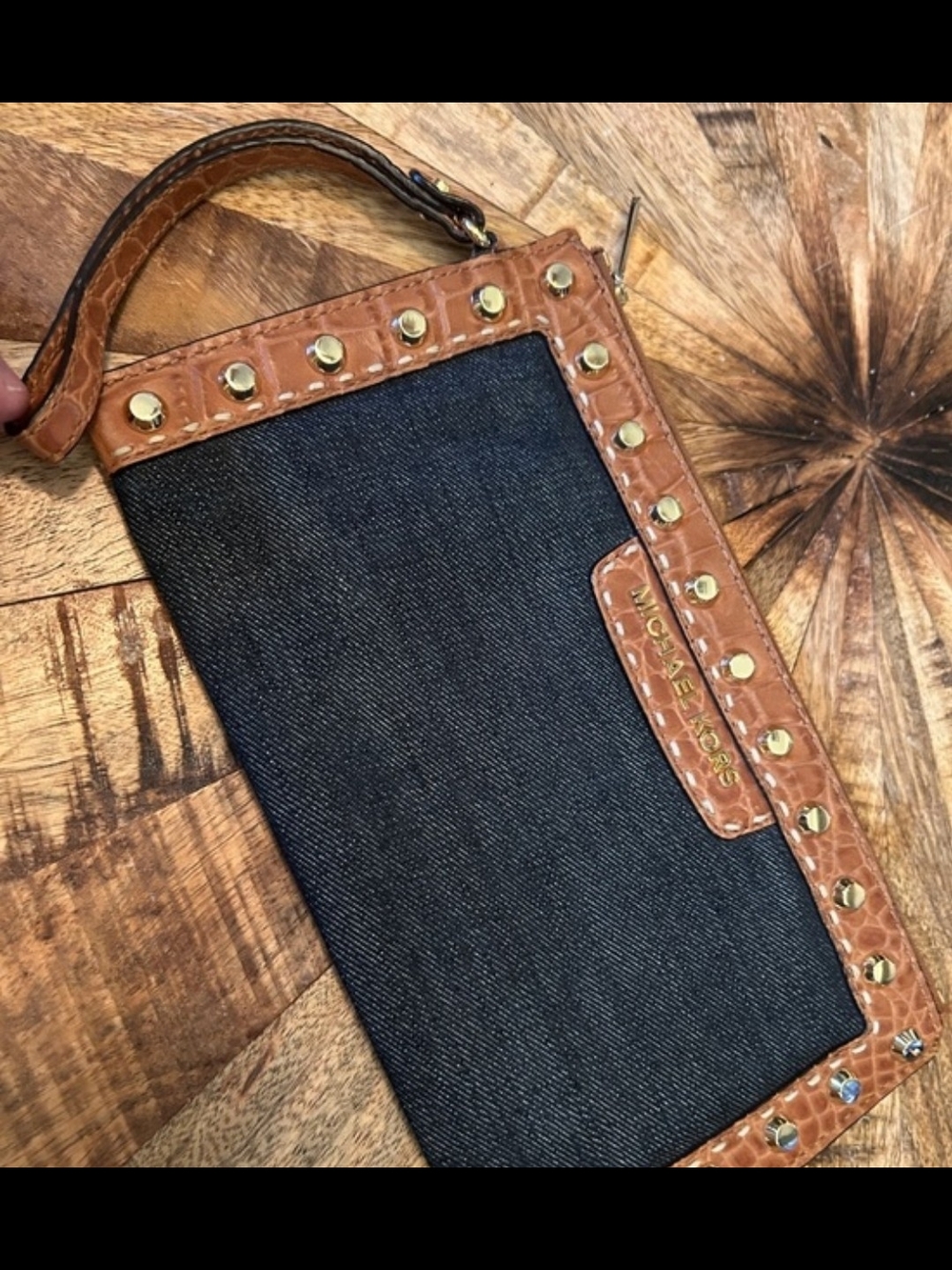 Michael Kors Blue Denim Wristlet with Brown Leather Trim and Gold Studs